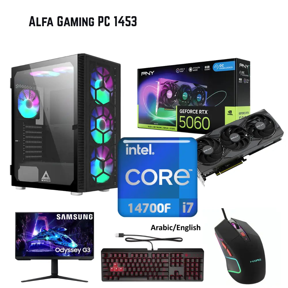 ALFA GAMING PC BUNDLE 1453, INTEL i7-14700F 14TH GEN, 16GB, 1TB M.2, 8GB GRAPHIC RTX5060, + 24” SAMSUNG LED, OMEN KEYBOARD&MOUSE.