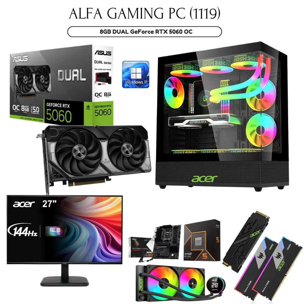 ALFA GAMING PC BUNDLE 1119, AMD RYZEN 5 9600X, 32GB, 2TB M.2 NVME, 8GB GRAPHIC RTX-5060, + 27” ACER LED, CASE ACER V930B,WINDOWS 11.