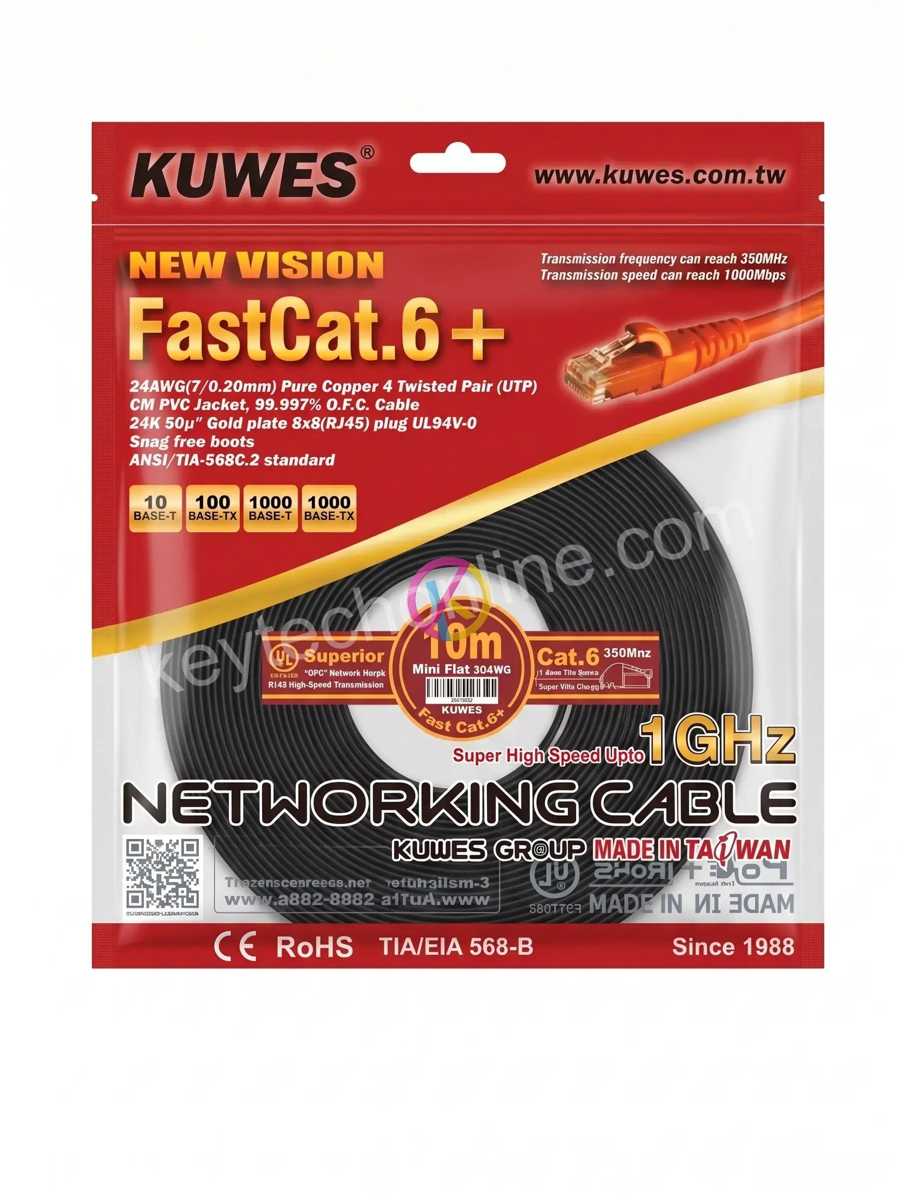 KUWES FLAT PATCH CORD CAT6 10 MTRS BLACK