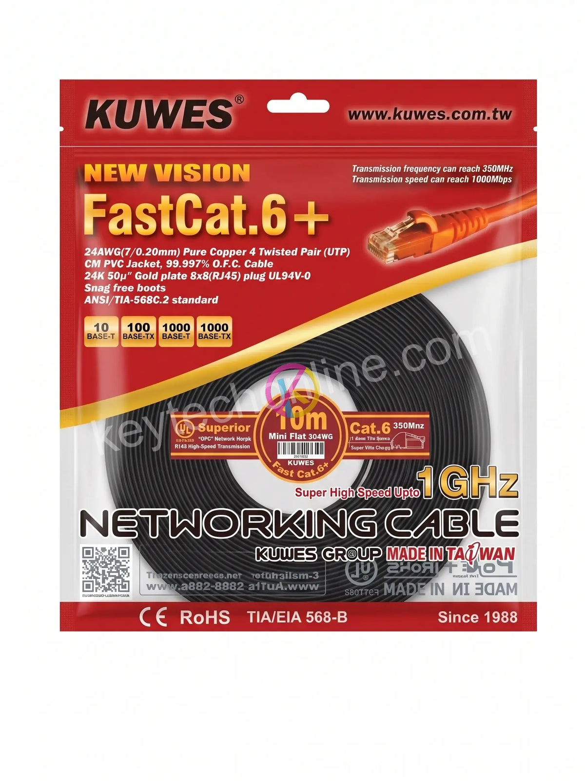KUWES FLAT PATCH CORD CAT6 10 MTRS BLACK