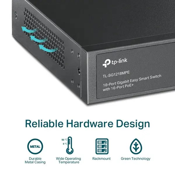 مفتاح شبكة مُدار TP-LINK TL-SG1218MPE ذو 18 منفذ جيجابت POE + منفذي SFP بقوة 250 واط