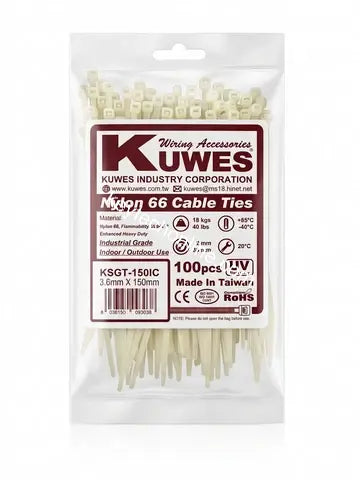 KUWES CABLE TIE KSGT-150IC 100/PCS PER PACK WHITE/BLACK